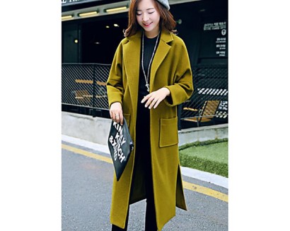 Women's Casual/Daily Simple CoatSolid V Neck Long Sleeve Fall / Winter Green / Gold Wool Medium