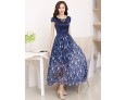 Women's Casual/Daily / Plus Size Vintage Swing Dress,Floral Boat Neck Maxi Short Sleeve Blue Silk Summer High Rise Micro-elastic Thin