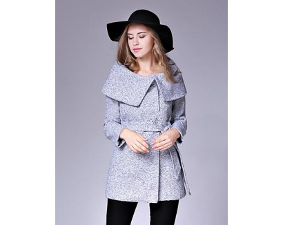 Women's Casual/Daily Street chic CoatSolid Shirt Collar Long Sleeve Fall / Winter Black / Gray Wool Medium