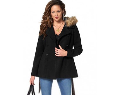 Women's Casual/Daily Vintage Coat,Solid Hooded Long Sleeve Winter Black Rayon Opaque